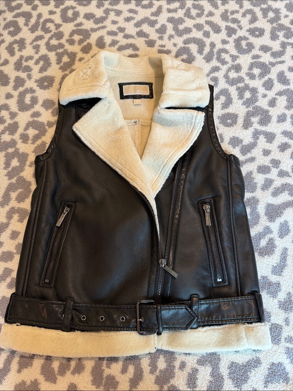 MICHAEL Michael Kors Black Faux Leather Vest with Cream Shearling Lining